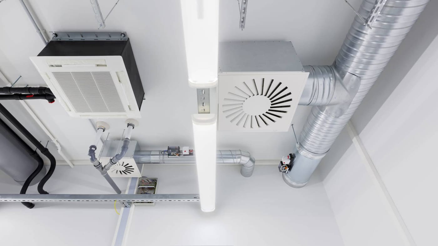 Ceiling cassette, spiral duct and diffusers in a commercial interior