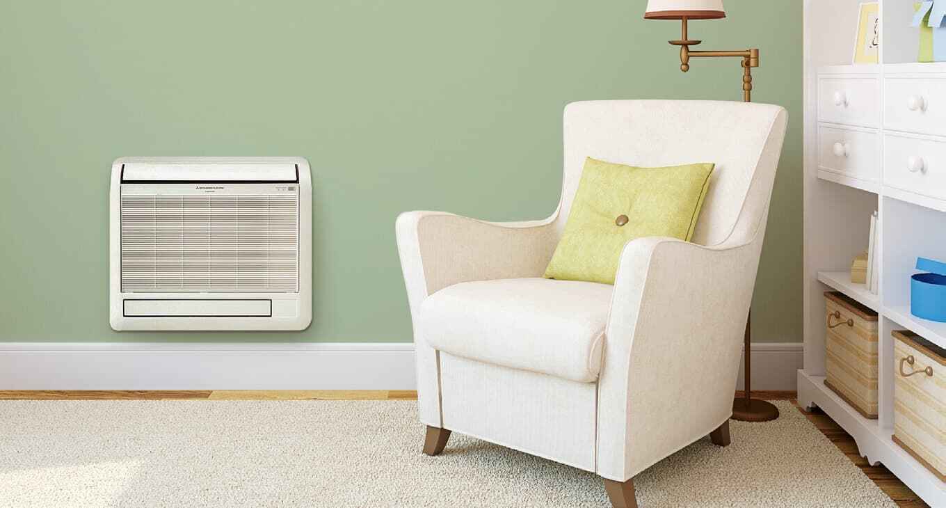 Ductless mini split head mounted on an interior wall